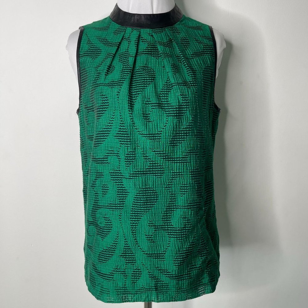 Tibi Women's Green Black Striped Lamb Leather Mock Neck Tank Top Blouse Size 2